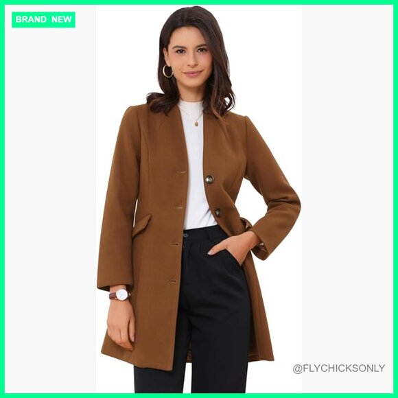 Women's Wool Pea Coat Collarless Single Breasted Long Winter Coat